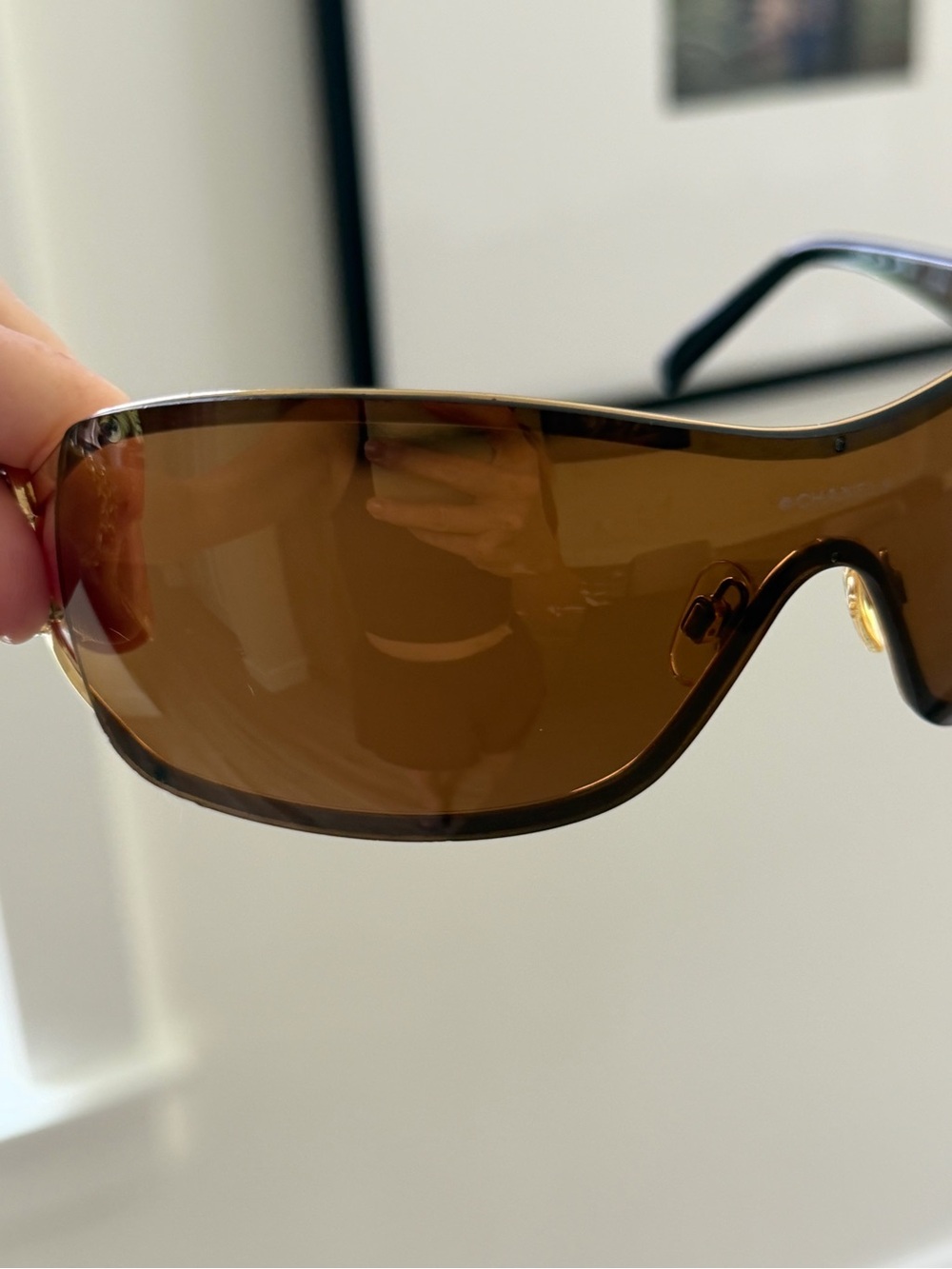 Vintage Chanel 4164-B Camellia Crystal Shield Sunglasses Brown Gold - Picture 6 of 6